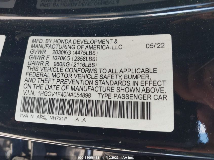 2022 HONDA ACCORD SPORT SE - 1HGCV1F40NA054898