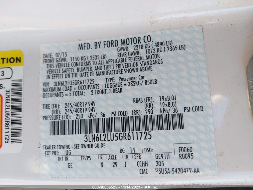 2016 LINCOLN MKZ HYBRID HYBRID 3LN6L2LU5GR611725