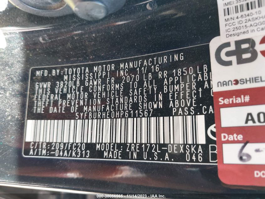 2017 TOYOTA COROLLA L/LE/XLE/SE/XSE - 5YFBURHE0HP611567
