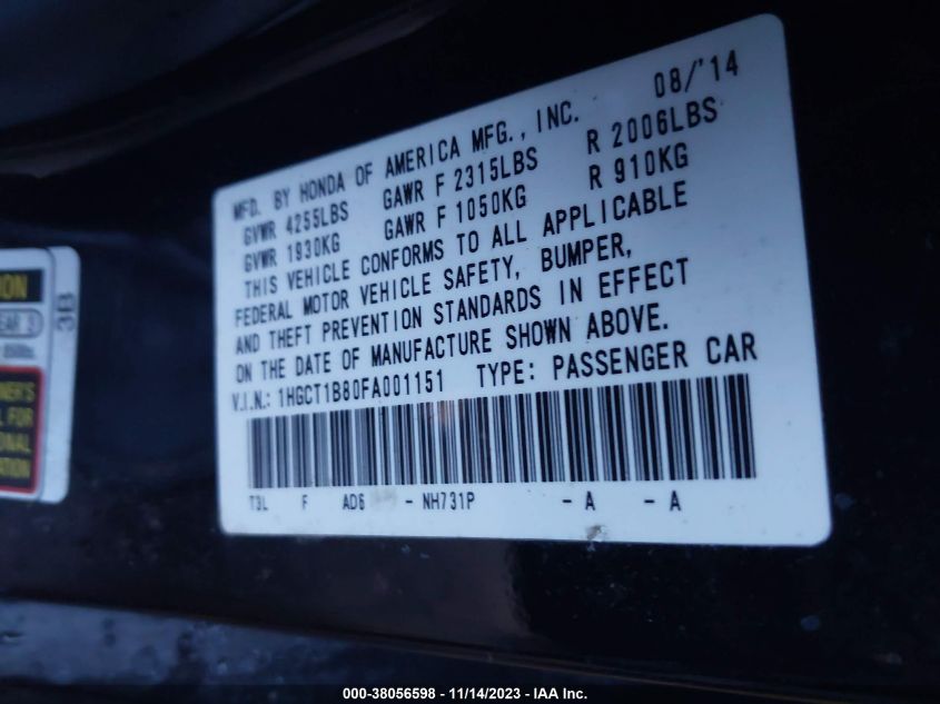 2015 HONDA ACCORD EX-L - 1HGCT1B80FA001151