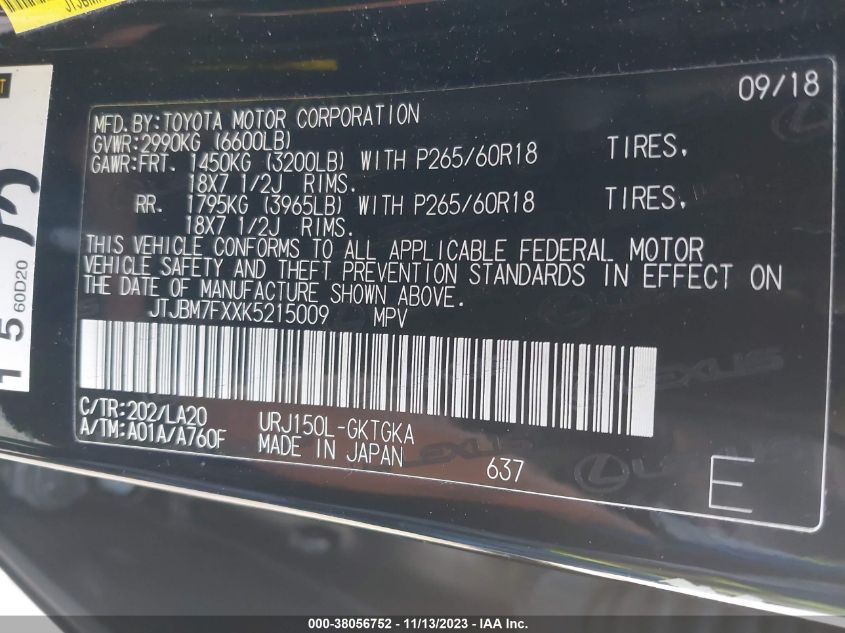 2019 LEXUS 460 PREMIUM - JTJBM7FXXK5215009