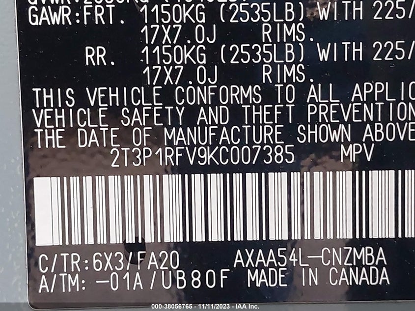 VIN 2T3P1RFV9KC007385 2019 TOYOTA RAV4 XLE
