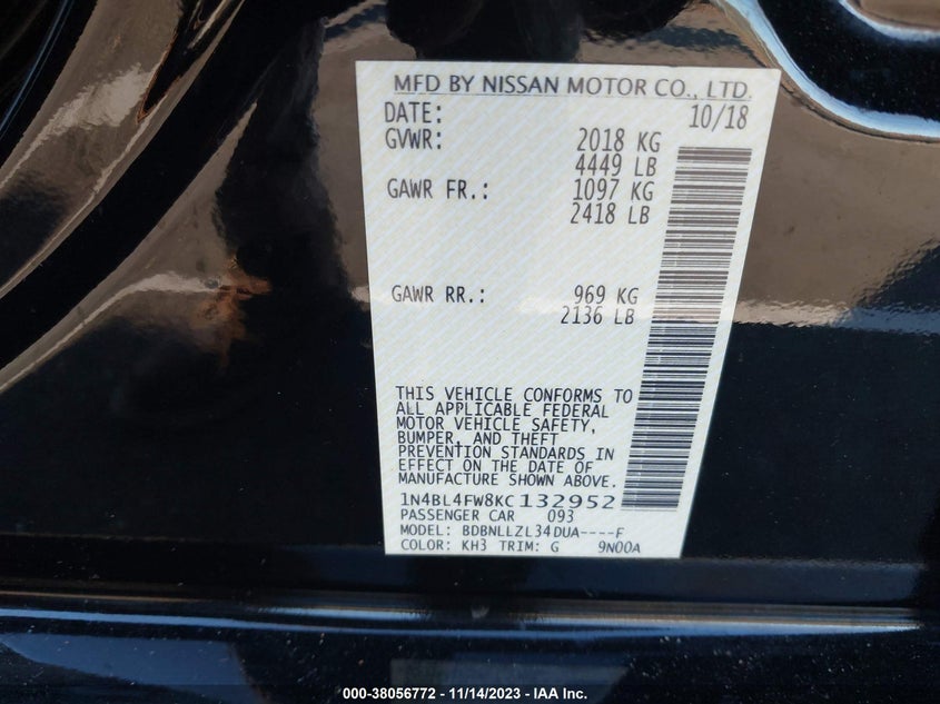 VIN 1N4BL4FW8KC132952 2019 NISSAN ALTIMA PLATINUM