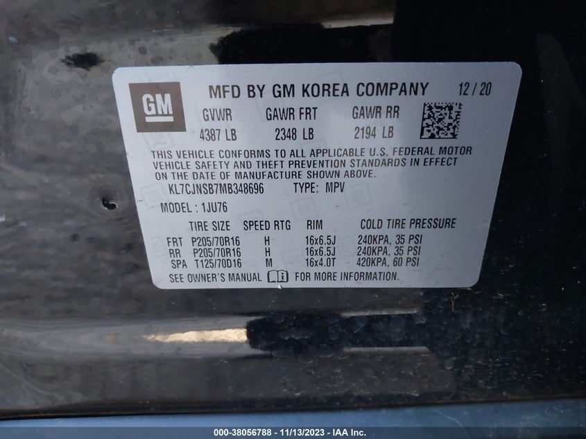 VIN KL7CJNSB7MB348696 2021 CHEVROLET TRAX LS