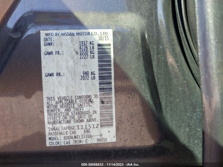 2016 NISSAN ALTIMA 2.5 SV - 1N4AL3AP0GC111512