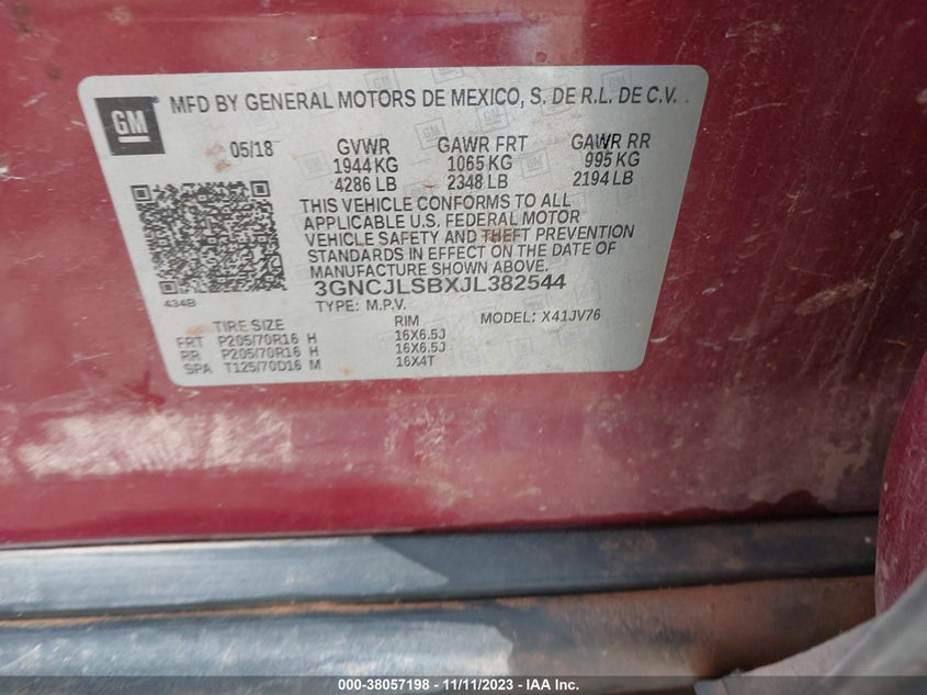 VIN 3GNCJLSBXJL382544 2018 CHEVROLET TRAX LT