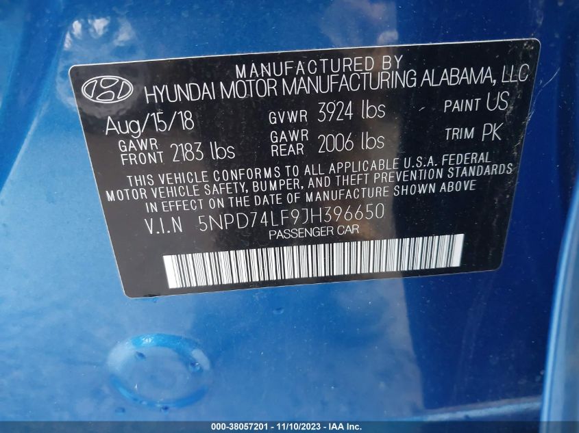 2018 HYUNDAI ELANTRA SE - 5NPD74LF9JH396650