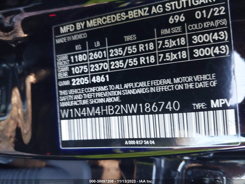 2022 MERCEDES-BENZ GLB 2.0L I4   N(VIN: W1N4M4HB2NW186740