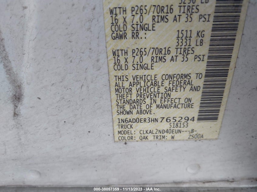 VIN 1N6AD0ER3HN765294 2017 NISSAN FRONTIER S/SV/SL/PRO-4X
