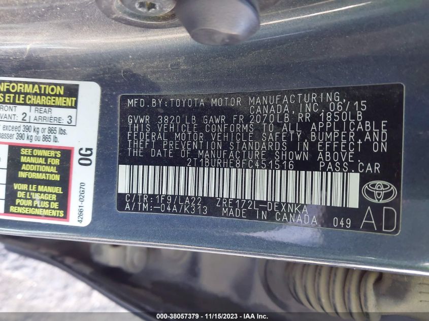 2015 TOYOTA COROLLA LE PREMIUM - 2T1BURHE8FC451516