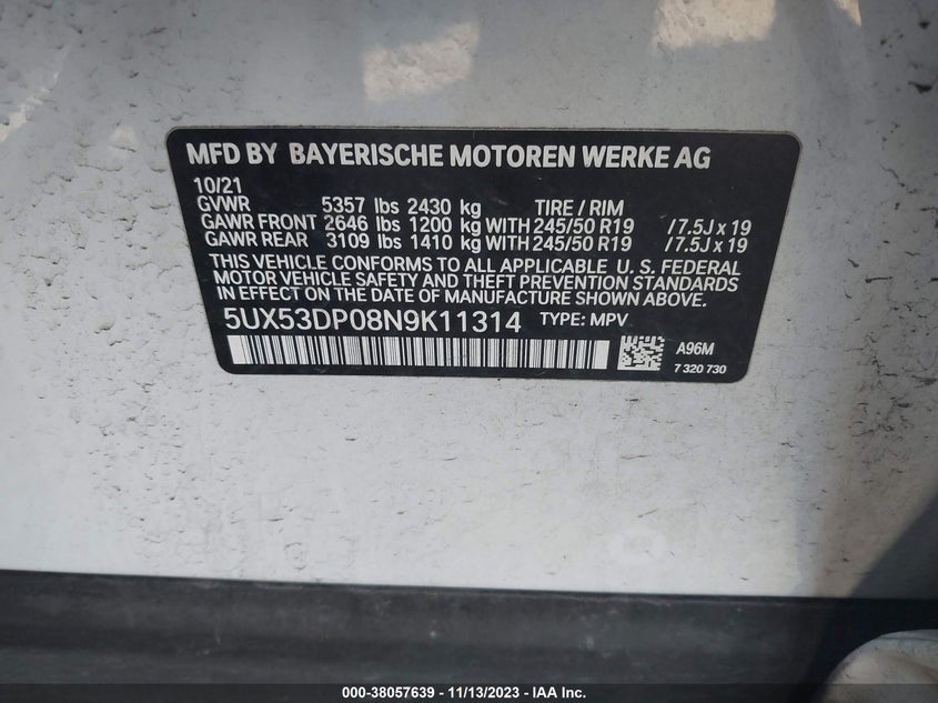 VIN 5UX53DP08N9K11314 2022 BMW X3 XDRIVE30I