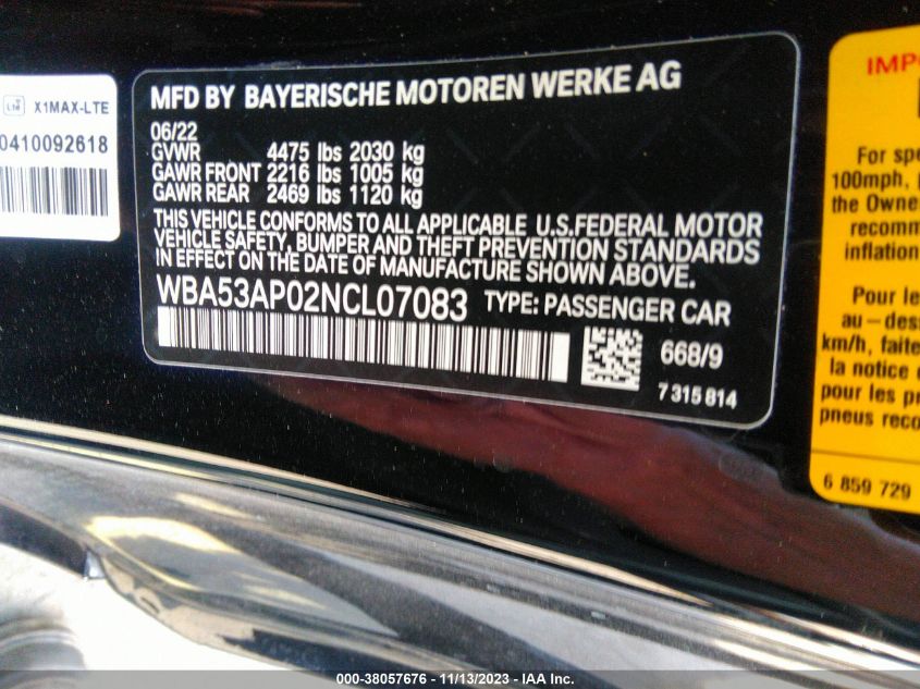 2022 BMW 430I WBA53AP02NCL07083