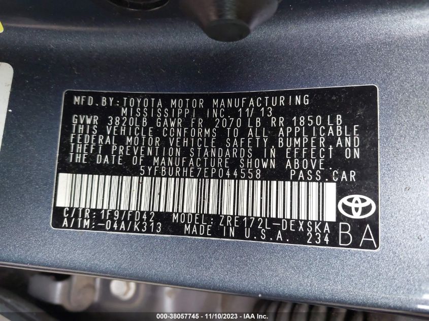 2014 TOYOTA COROLLA L/LE/S/S PLUS/LE PLUS - 5YFBURHE7EP044558