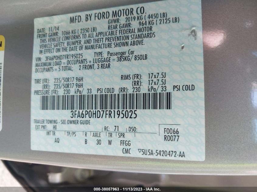 2015 FORD FUSION SE - 3FA6P0HD7FR195025