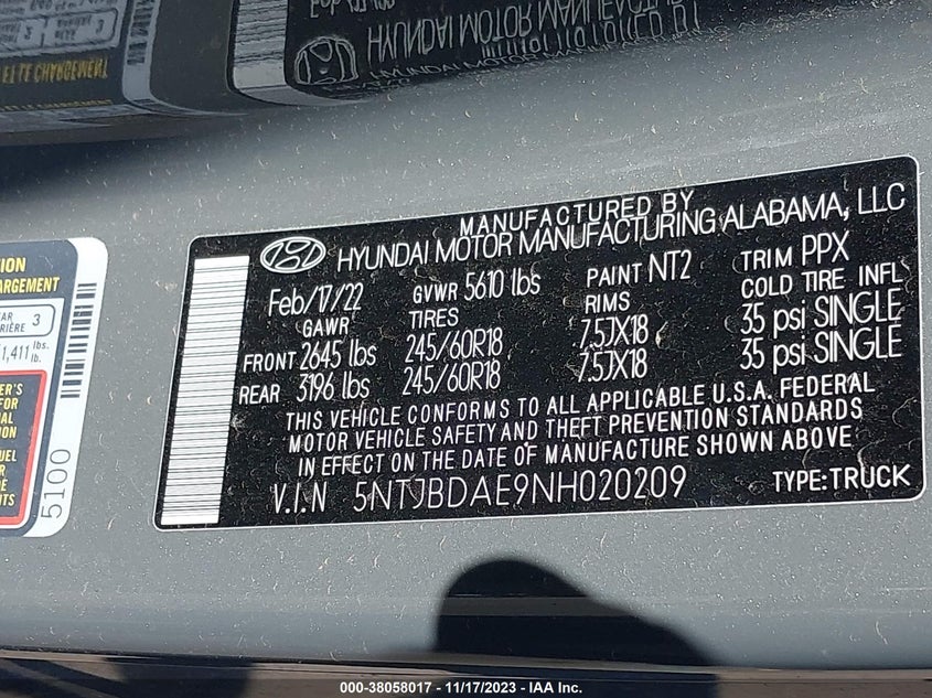 VIN 5NTJBDAE9NH020209 2022 HYUNDAI SANTA CRUZ SEL