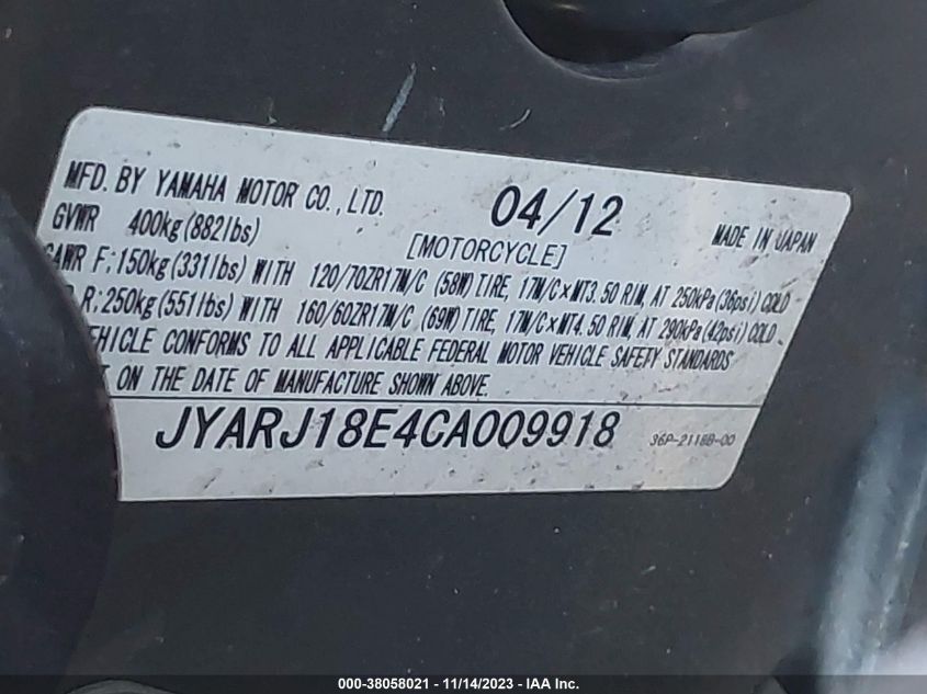 2012 YAMAHA FZ6 R - JYARJ18E4CA009918