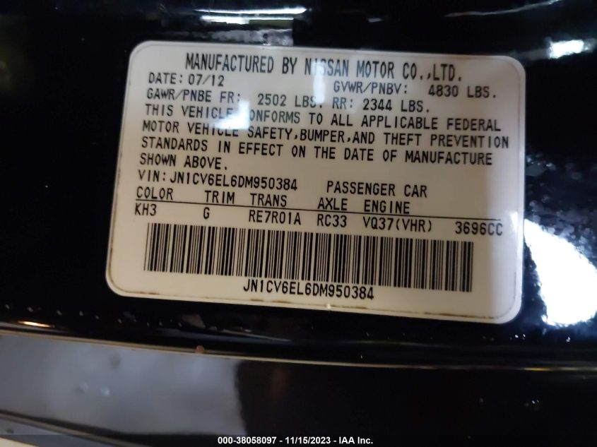 2013 INFINITI G37X X - JN1CV6EL6DM950384