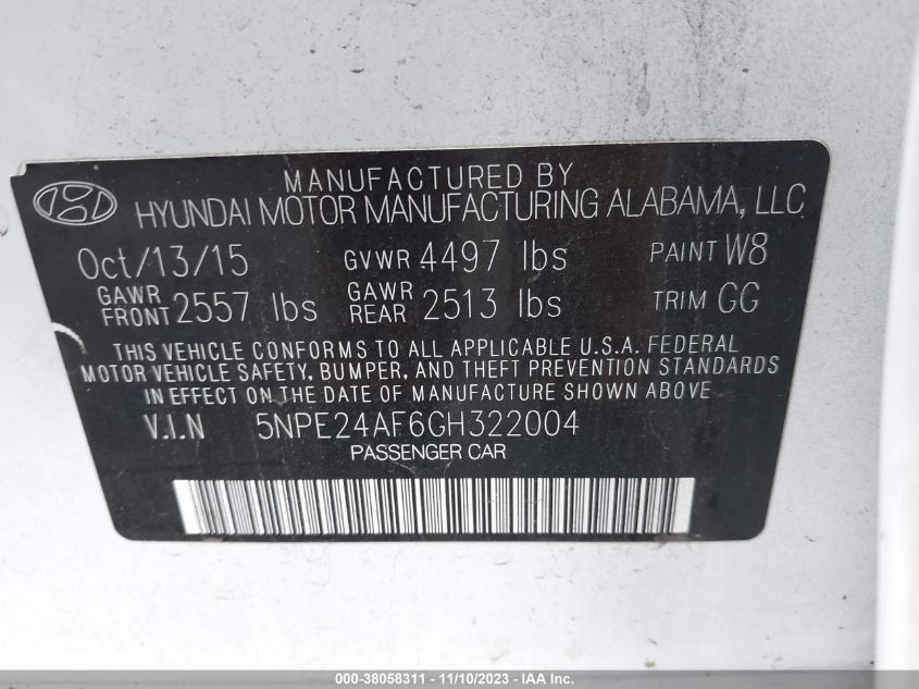 2016 HYUNDAI SONATA SE - 5NPE24AF6GH322004