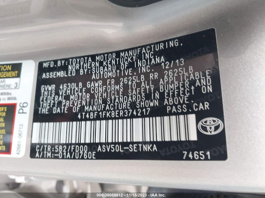 2014 TOYOTA CAMRY L/SE/LE/XLE - 4T4BF1FK8ER374217