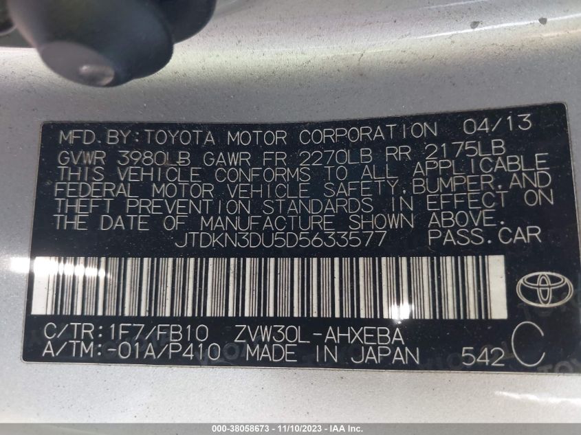 2013 TOYOTA PRIUS ONE/TWO/THREE/FOUR/FIVE - JTDKN3DU5D5633577