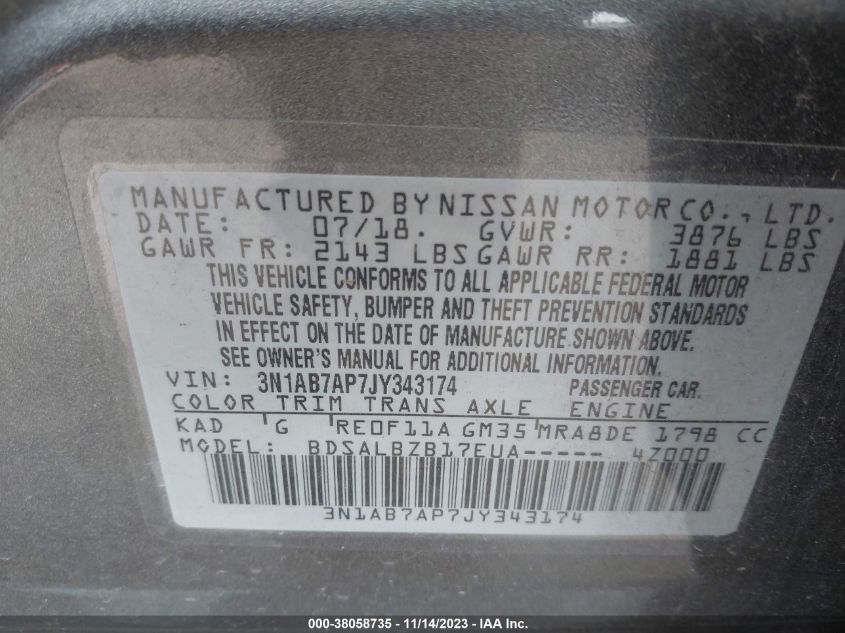 2018 NISSAN SENTRA S/SV/SR/SL - 3N1AB7AP7JY343174