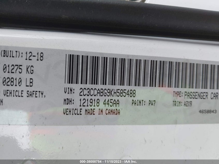 VIN 2C3CCABG9KH585488 2019 CHRYSLER 300 S