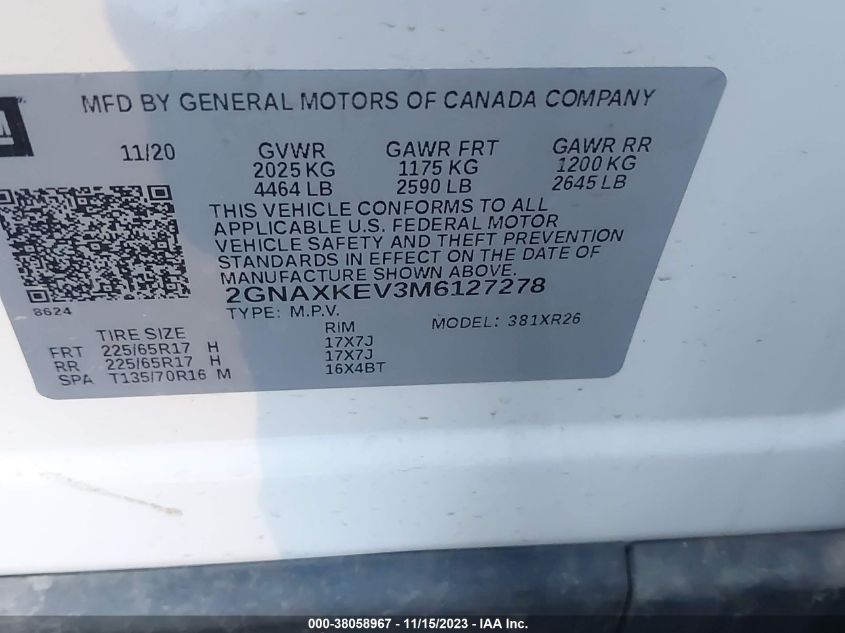 2021 CHEVROLET EQUINOX FWD LT - 2GNAXKEV3M6127278