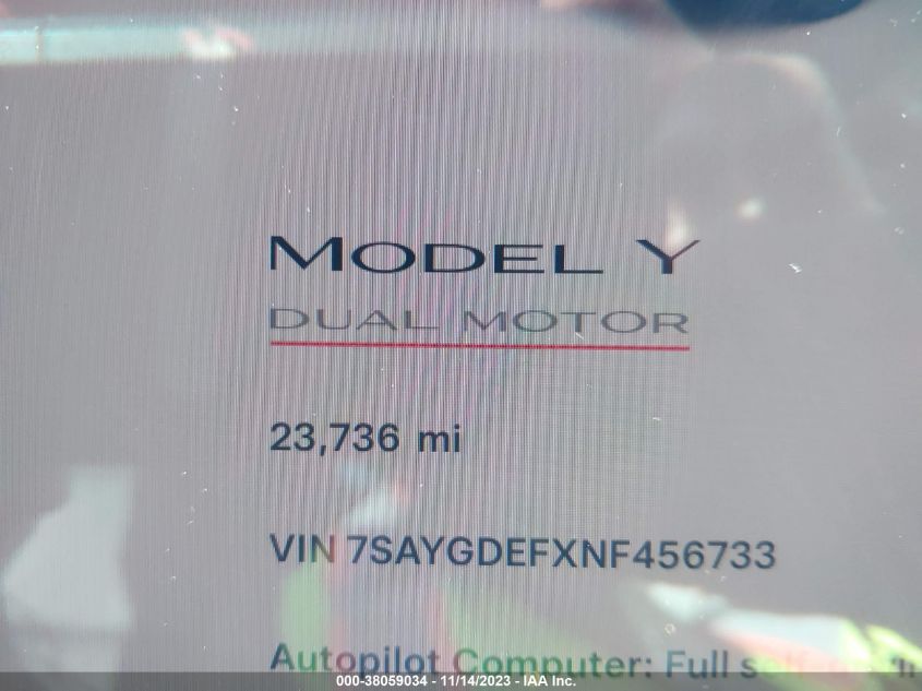 2022 TESLA MODEL Y - 7SAYGDEFXNF456733