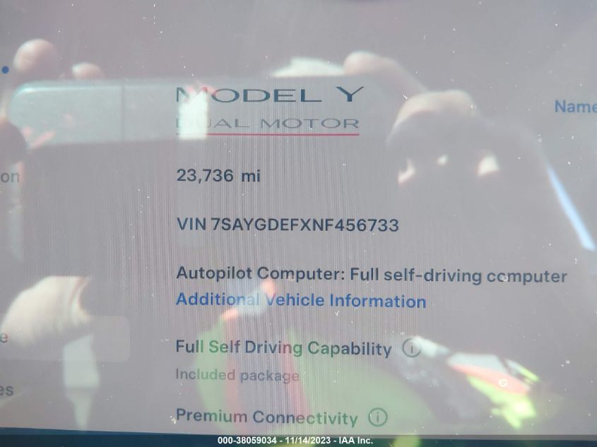 2022 TESLA MODEL Y - 7SAYGDEFXNF456733