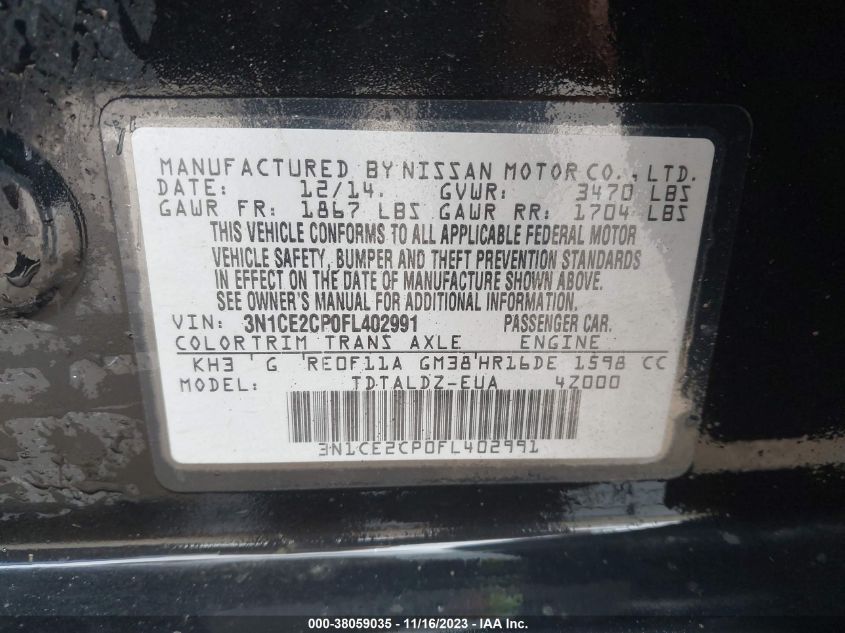 2015 NISSAN VERSA NOTE S/S PLUS/SV/SR/SL - 3N1CE2CP0FL402991