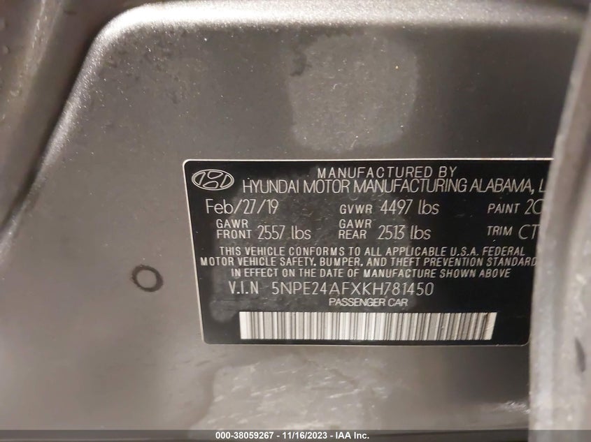 VIN 5NPE24AFXKH781450 2019 HYUNDAI SONATA SE
