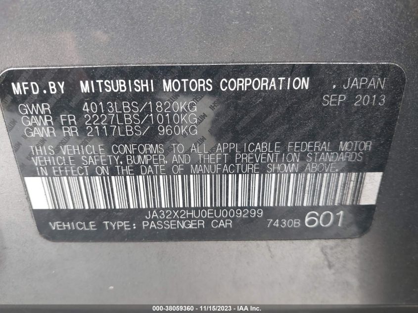 2014 MITSUBISHI LANCER SPORTBACK ES JA32X2HU0EU009299
