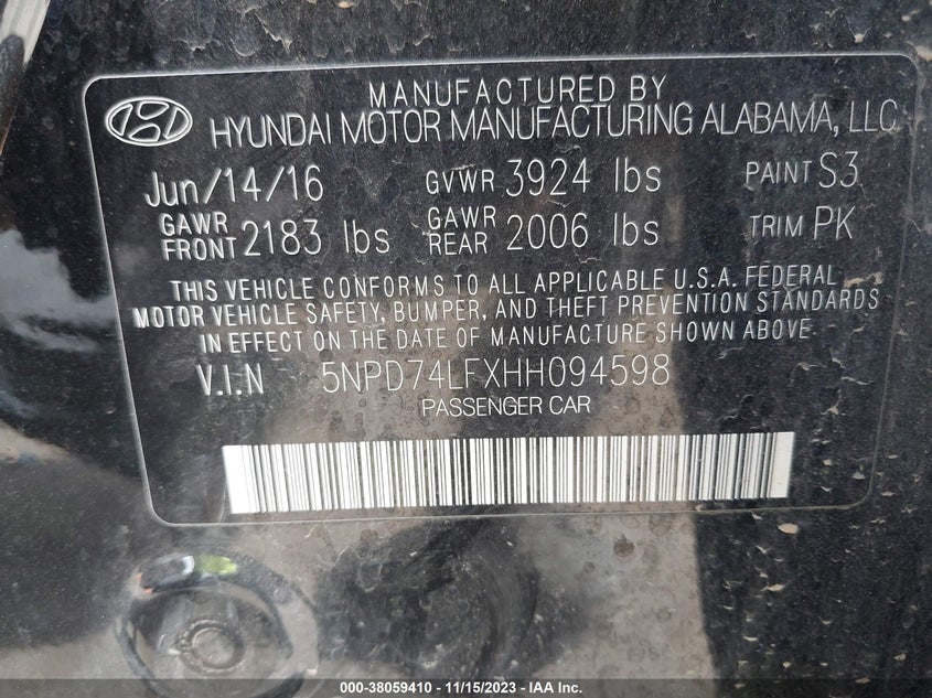 VIN 5NPD74LFXHH094598 2017 HYUNDAI ELANTRA SE