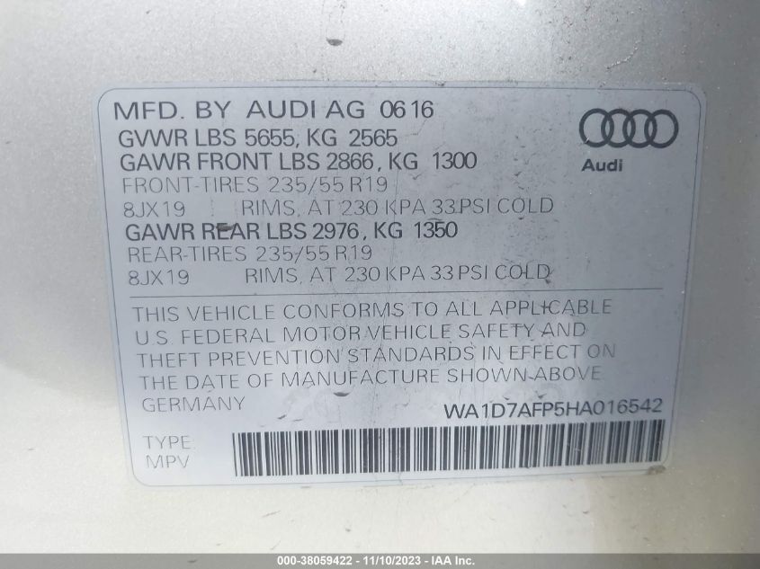 WA1D7AFP5HA016542 2017 AUDI Q5, photo no. 9