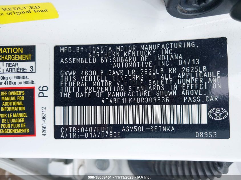 2013 TOYOTA CAMRY L/SE/LE/XLE - 4T4BF1FK4DR308536