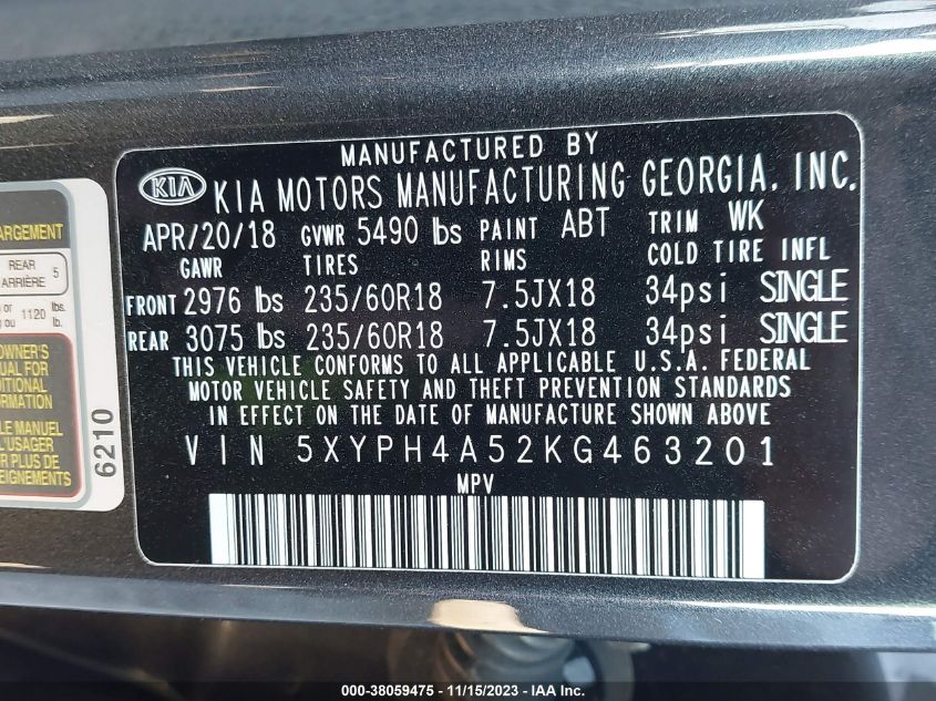 2019 KIA SORENTO 3.3L EX - 5XYPH4A52KG463201