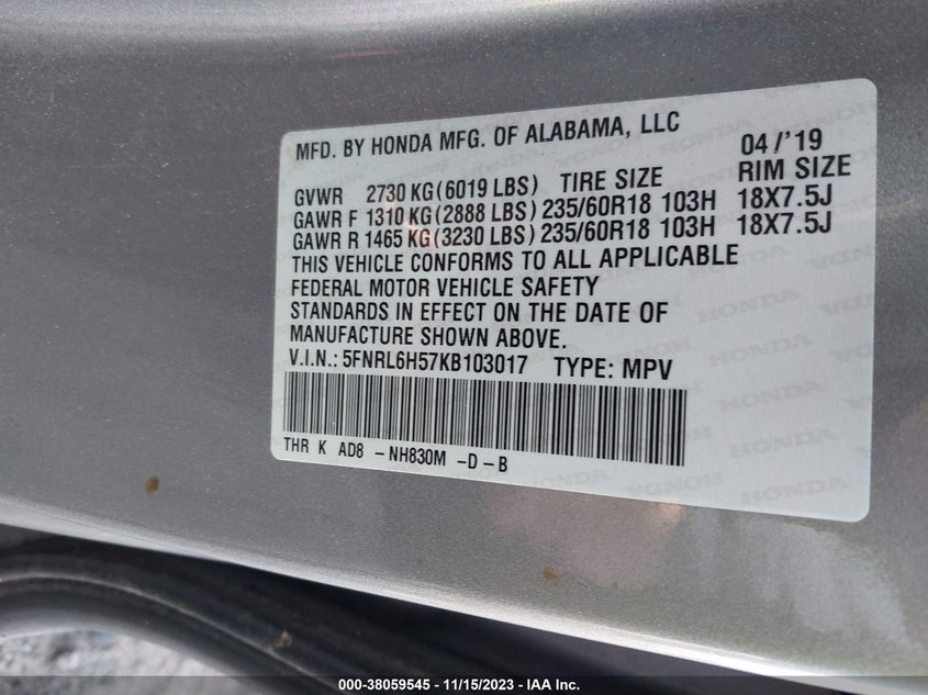 VIN 5FNRL6H57KB103017 2019 HONDA ODYSSEY EX