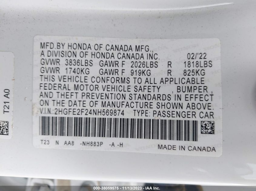 2022 HONDA CIVIC LX - 2HGFE2F24NH569874