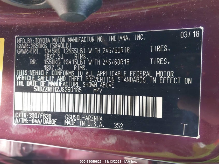 VIN 5TDZZRFH2JS260185 2018 TOYOTA HIGHLANDER LE/LE PLUS