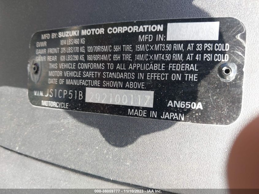 2009 SUZUKI AN650 A - JS1CP51B292100117