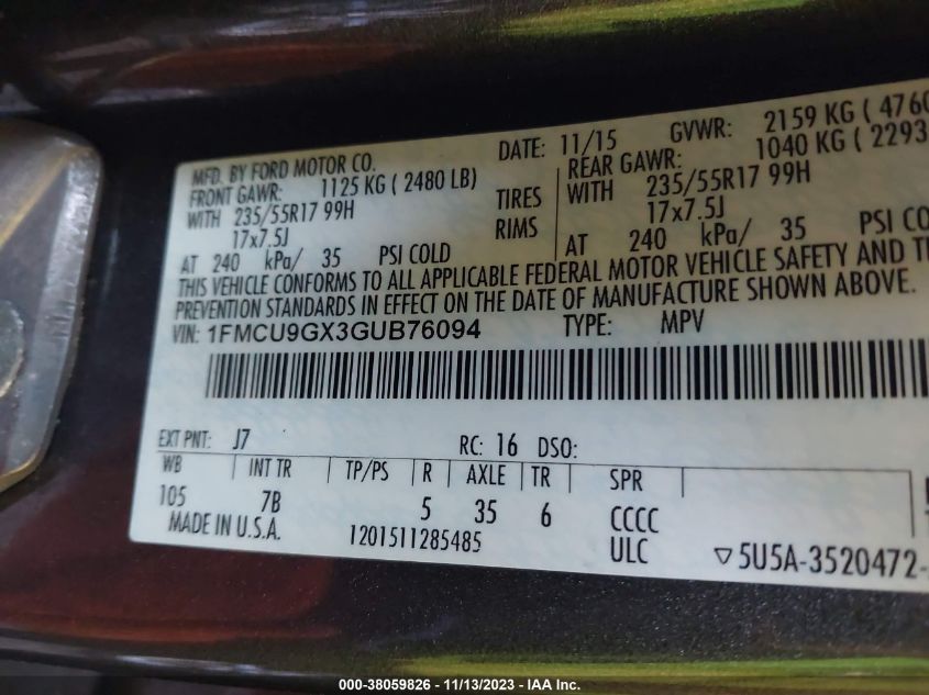 2016 FORD ESCAPE SE - 1FMCU9GX3GUB76094