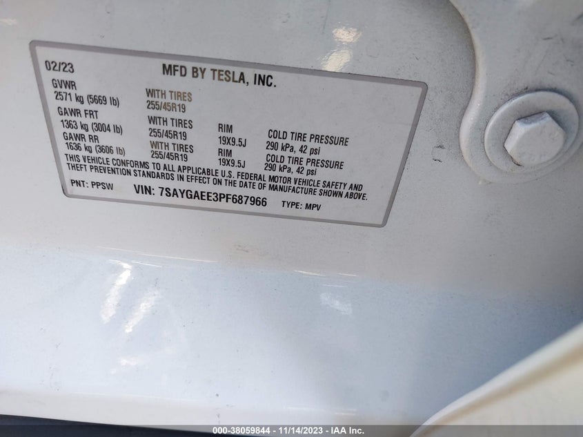 VIN 7SAYGAEE3PF687966 2023 TESLA MODEL Y