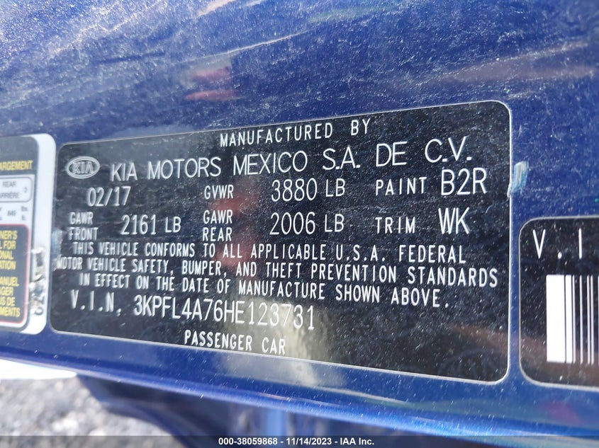 VIN 3KPFL4A76HE123731 2017 KIA FORTE LX
