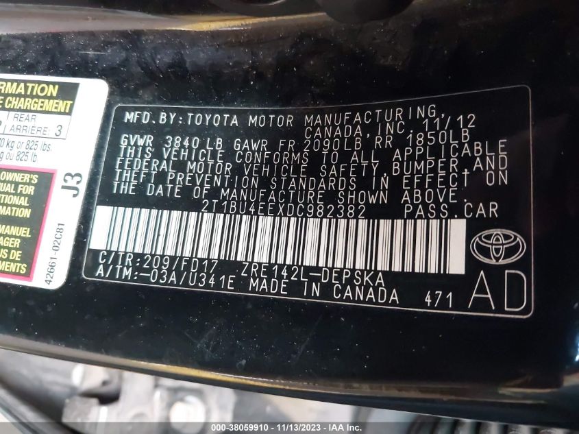 2013 TOYOTA COROLLA S/LE - 2T1BU4EEXDC982382