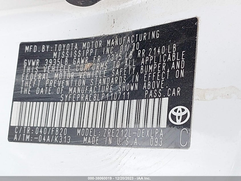 VIN 5YFEPRAE8LP110711 2020 TOYOTA COROLLA LE