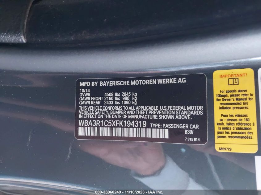 2015 BMW 435I WBA3R1C5XFK194319