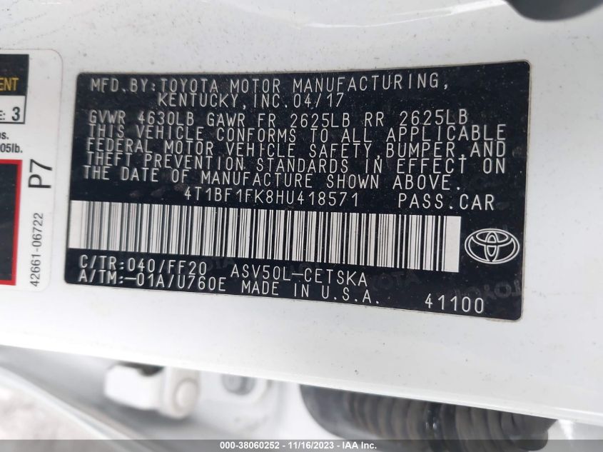 2017 TOYOTA CAMRY LE/XLE/SE/XSE - 4T1BF1FK8HU418571