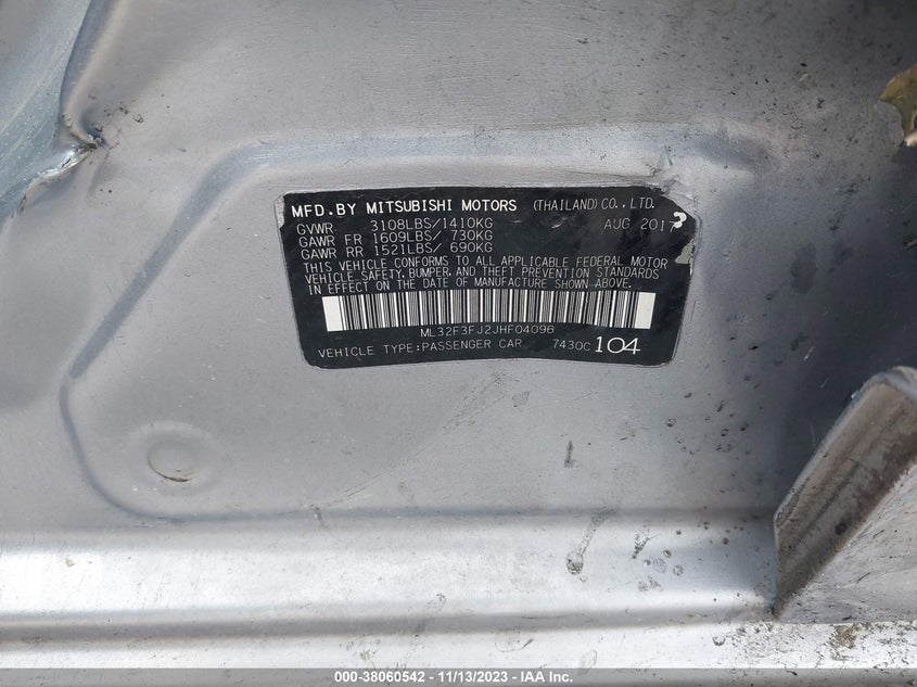 VIN ML32F3FJ2JHF04096 2018 MITSUBISHI MIRAGE G4 ES