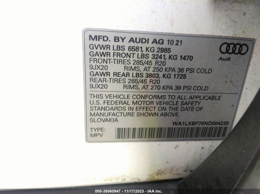 WA1LXBF76ND004220 2022 AUDI Q7, photo no. 9