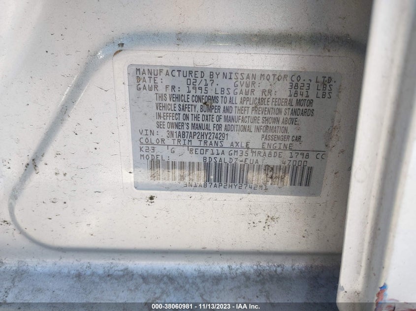 VIN 3N1AB7AP2HY274291 2017 NISSAN SENTRA S/SV/SR/SL